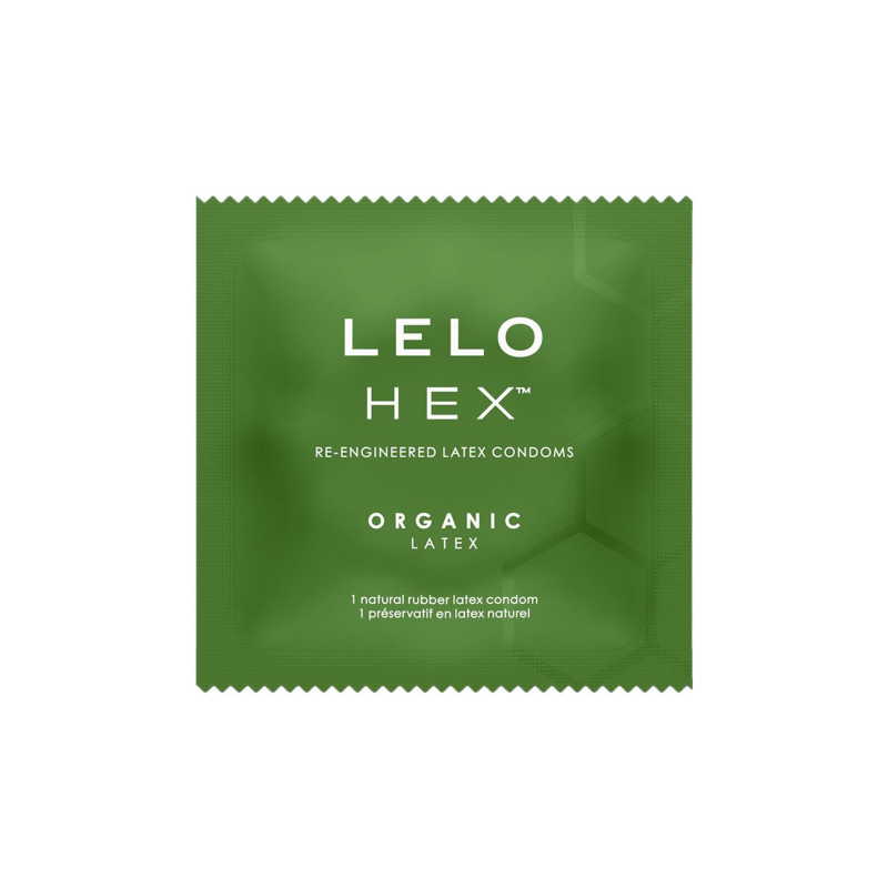 Вигляд збоку презерватива LELO HEX Condoms Organic, підкреслюючи його еластичність та анатомічну форму.