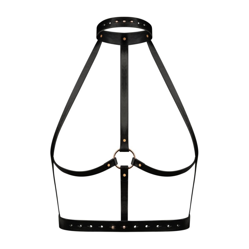 Текстура чорної еко-шкіри портупеї Rosy Gold Body Harness – гладка, приємна на дотик, з елегантним матовим блиском.