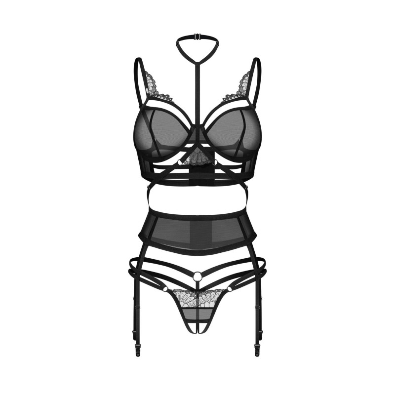 Комплект Obsessive Premisis Black 3-pcs crotchless set 2XL/3X - вигляд збоку, демонстрація крою