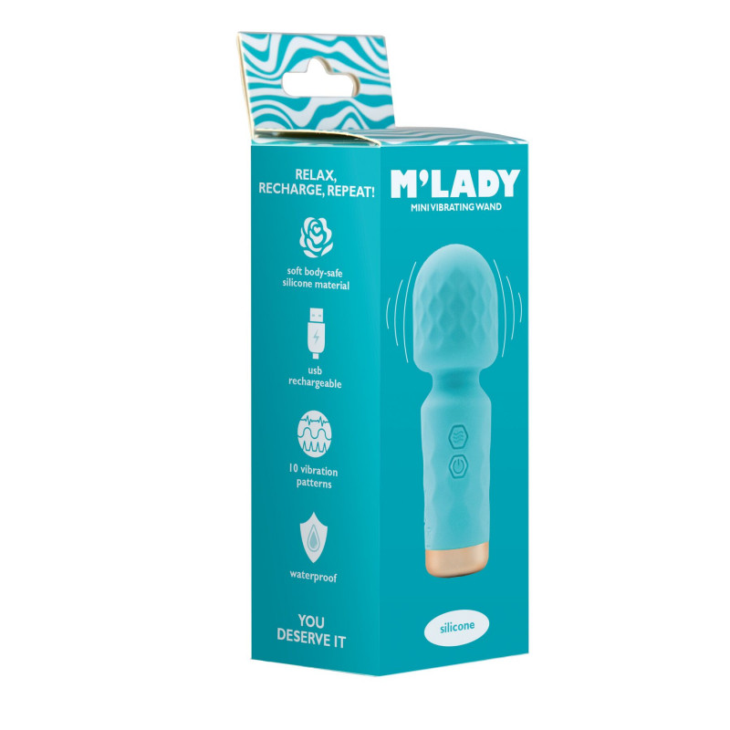 Упаковка вібромасажера BMS M'Lady Mini Vibrating Wand Teal - коробка