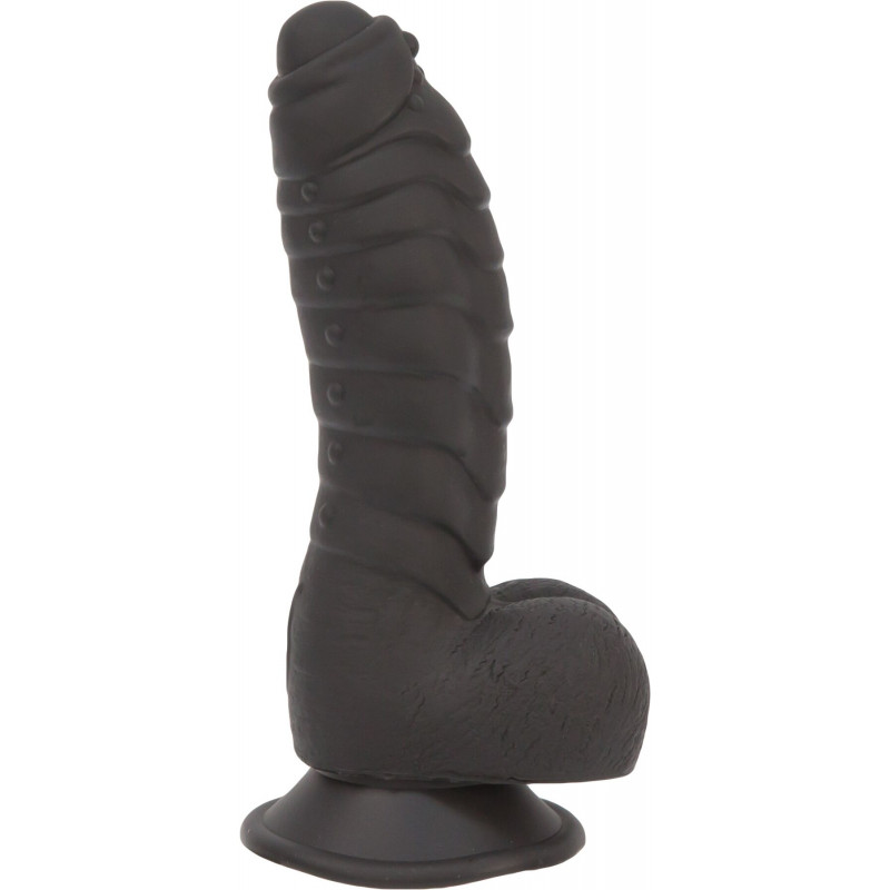Фалоімітатор ADDICTION Ben 7 Dildo With Balls Black, вид збоку, акцент на текстурі
