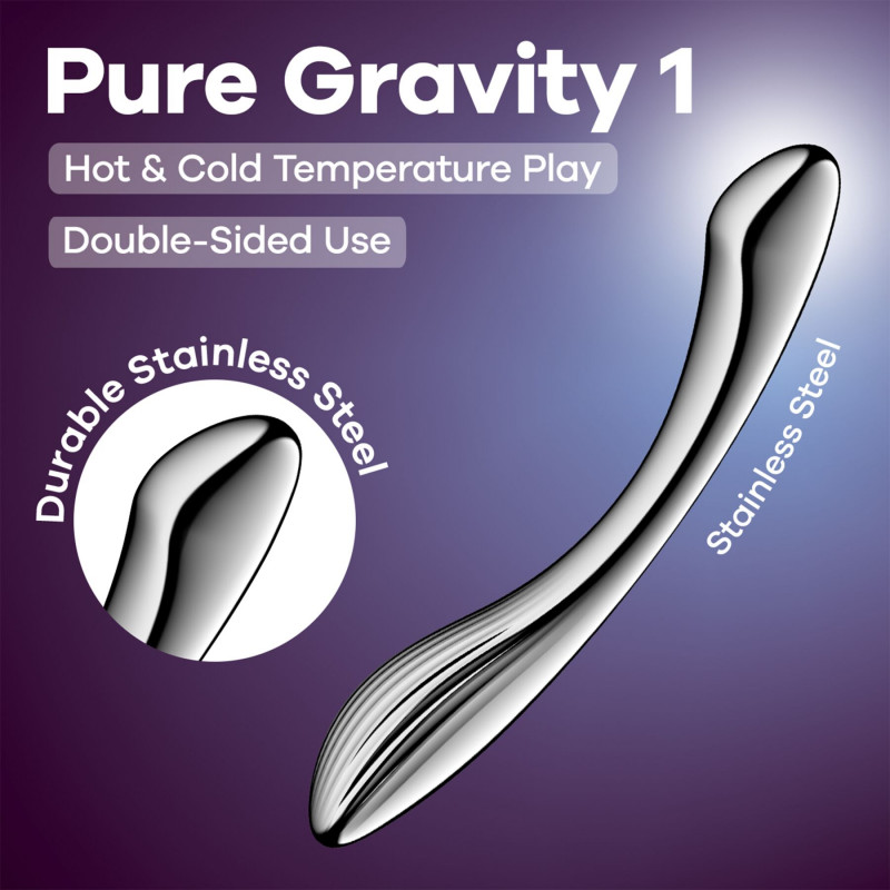 Satisfyer Pure Gravity 1: Загальний вигляд преміального металевого дилдо, акцент на деталях