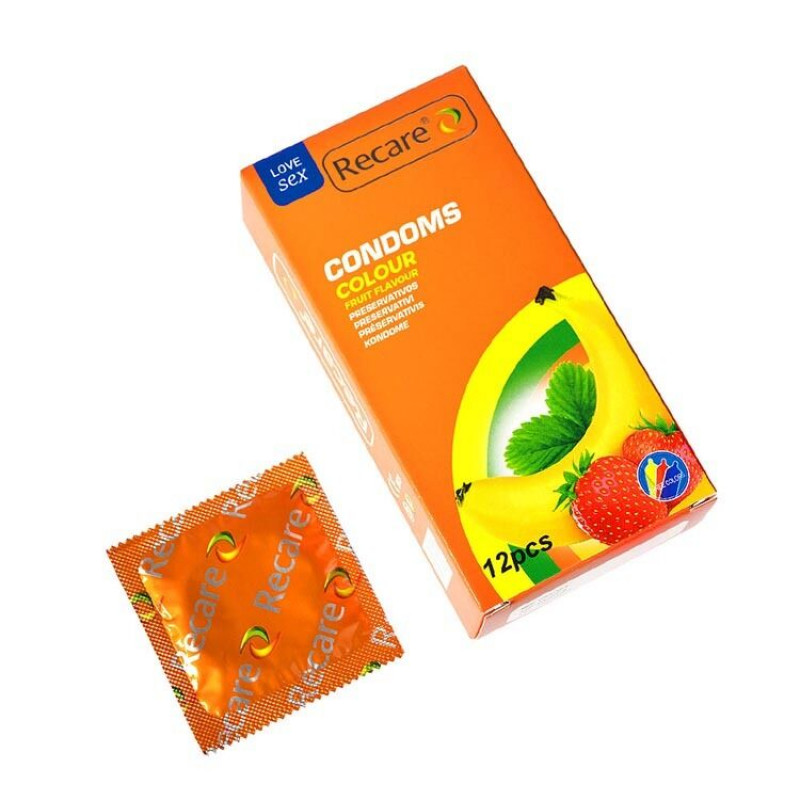 Упаковка презервативів Recare Color Fruit Flavour Condoms 12 шт, що демонструє різноманіття кольорових презервативів