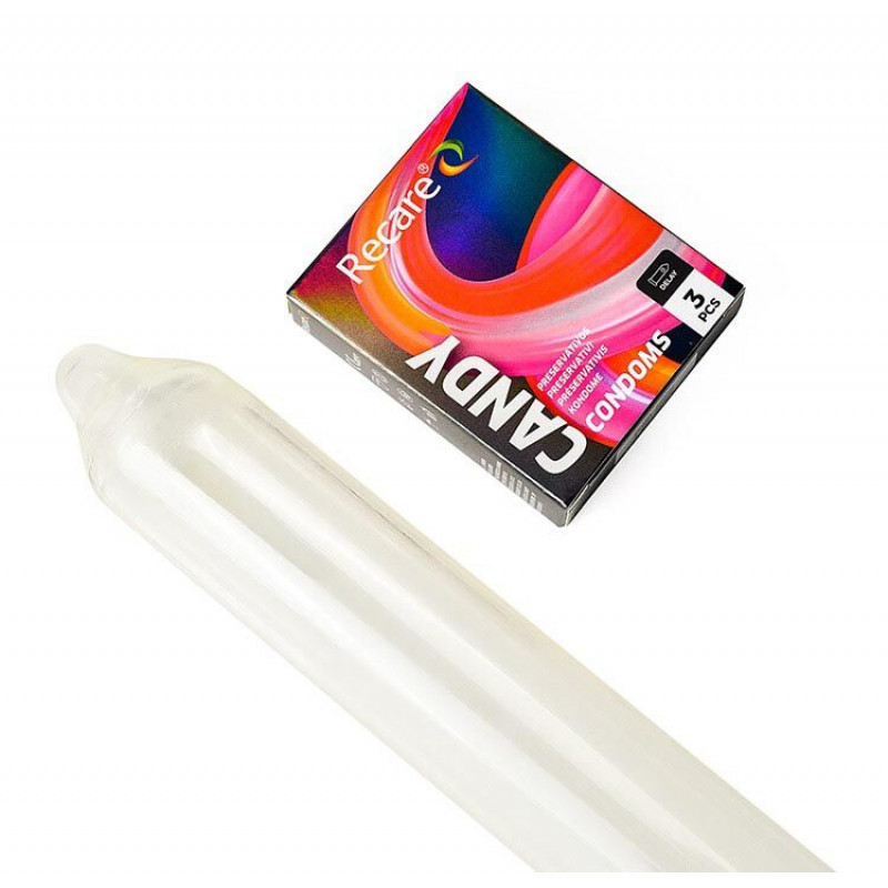 Набір презервативів Recare Holographic Delay Candy (3 шт.) в упаковці, вид згори.