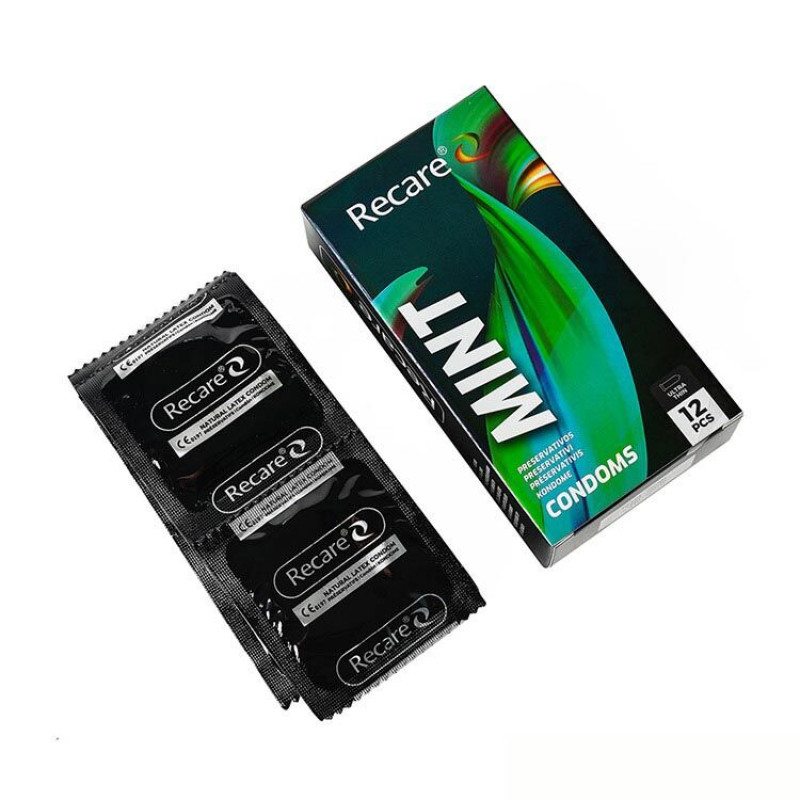 Вигляд збоку упаковки презервативів Recare Holographic Ultra Thin Mint, що демонструє дизайн та інформацію