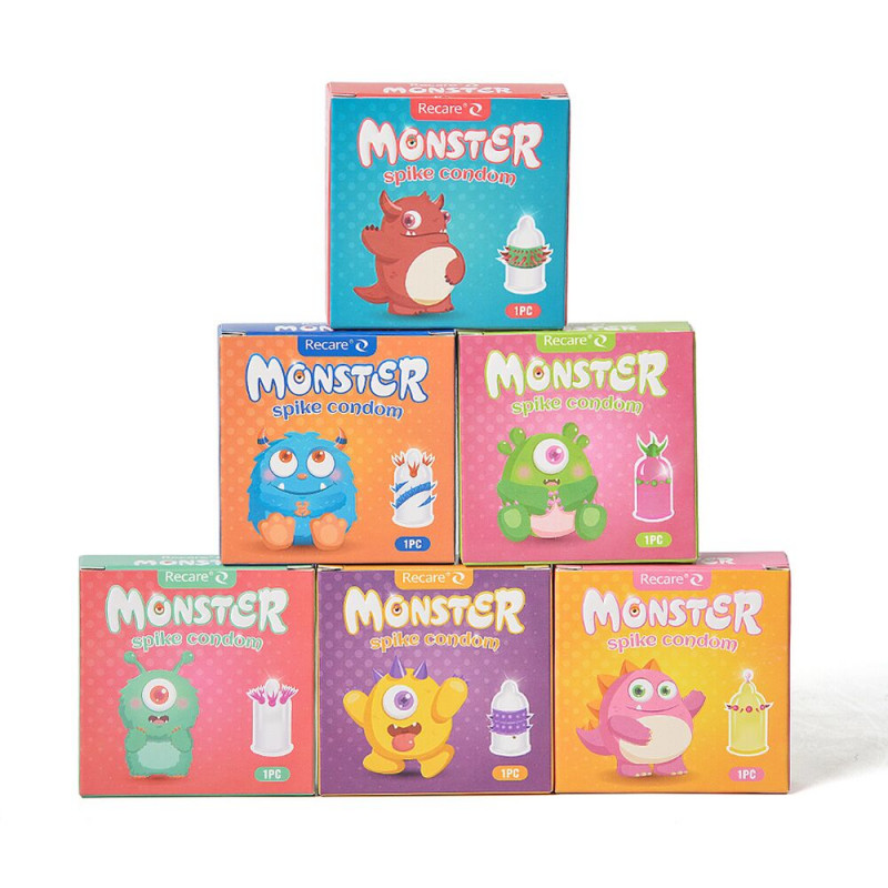 Recare Pink Monster Spike Condom - рожевий презерватив, демонстрація матеріалу