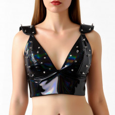 Лакований вініловий ліф з шипами Art of Sex - Mistress, чорний з ефектом голограми, розмір M