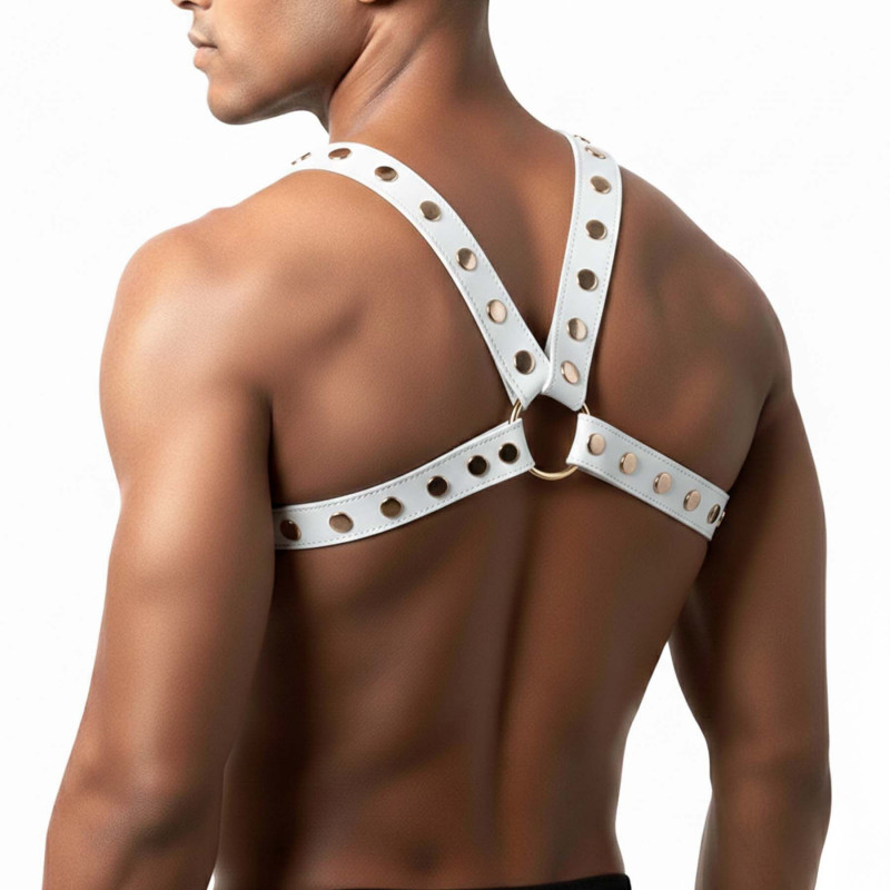 Вигляд збоку чоловічої портупеї Art of Sex Spartacus біла, деталі кріплення