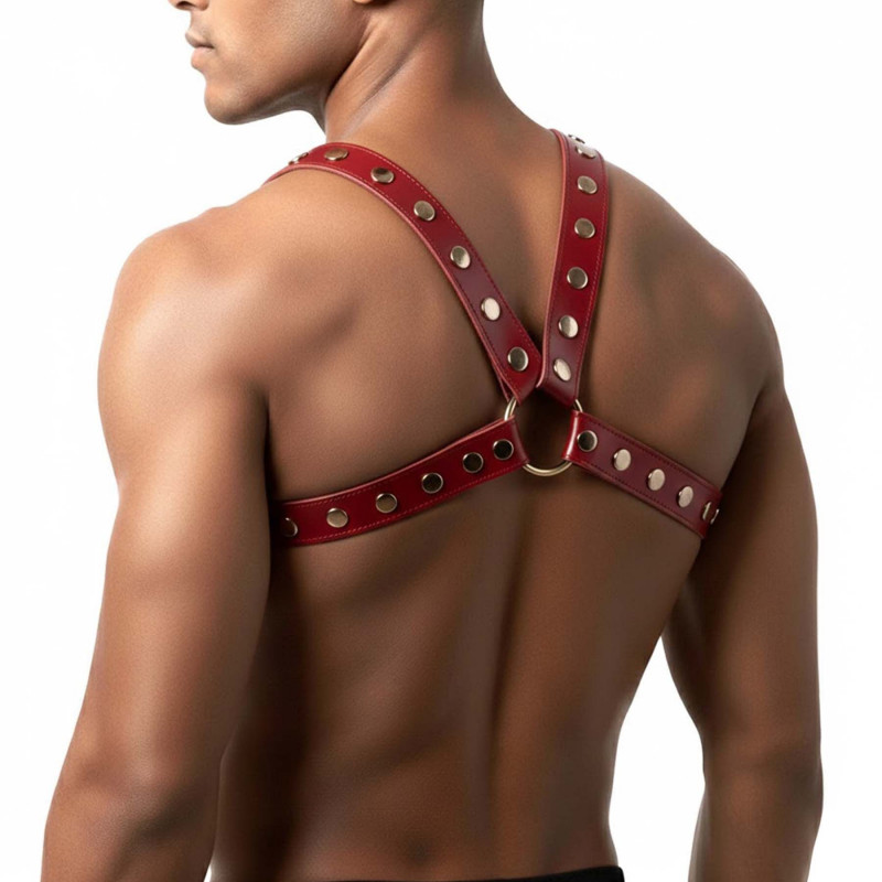 Чоловіча портупея Art of Sex Spartacus червоного кольору, вид збоку, акцент на деталях