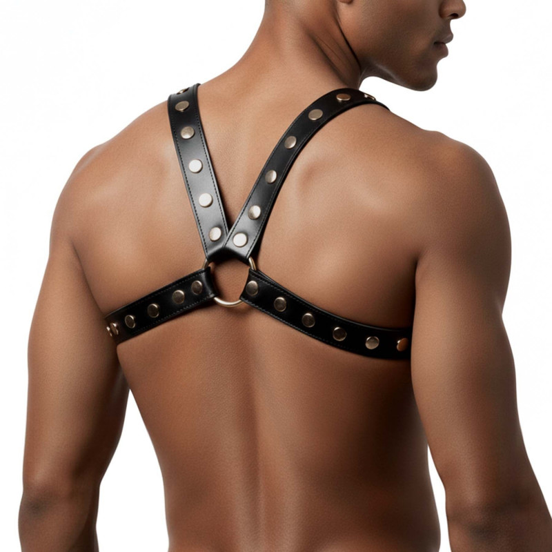 Детальний вигляд чоловічої портупеї Art of Sex Spartacus, чорна екошкіра, елементи кріплення